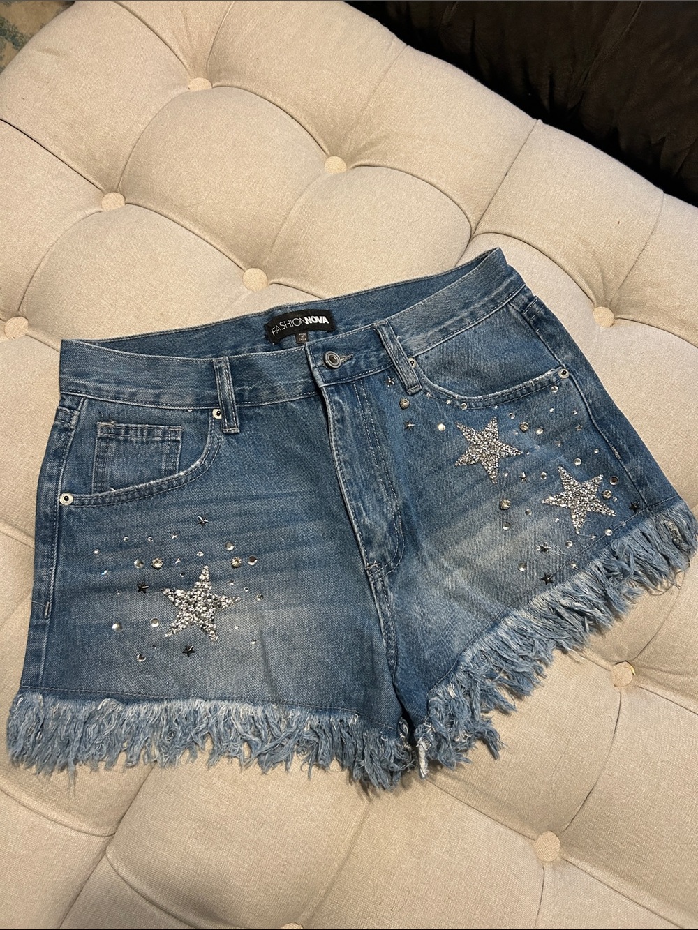 Fashion Nova Dark Blue Denim Star Studded Frayed Hem Shorts
